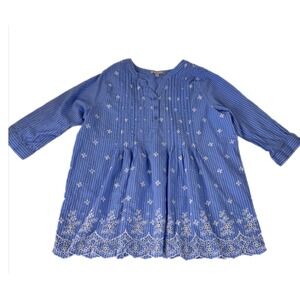 Woman Within Tunic Top Shirt Med 14 16 Blue White Stripe 3/4 Sleeve Embroidered